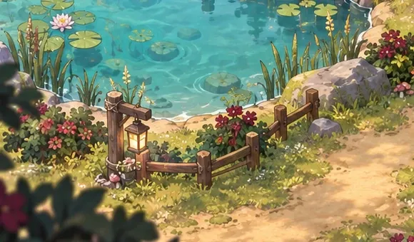 Khóm hoa đỏ, cụm lupin, hàng rào gỗ và đèn lồng bên bờ hồ